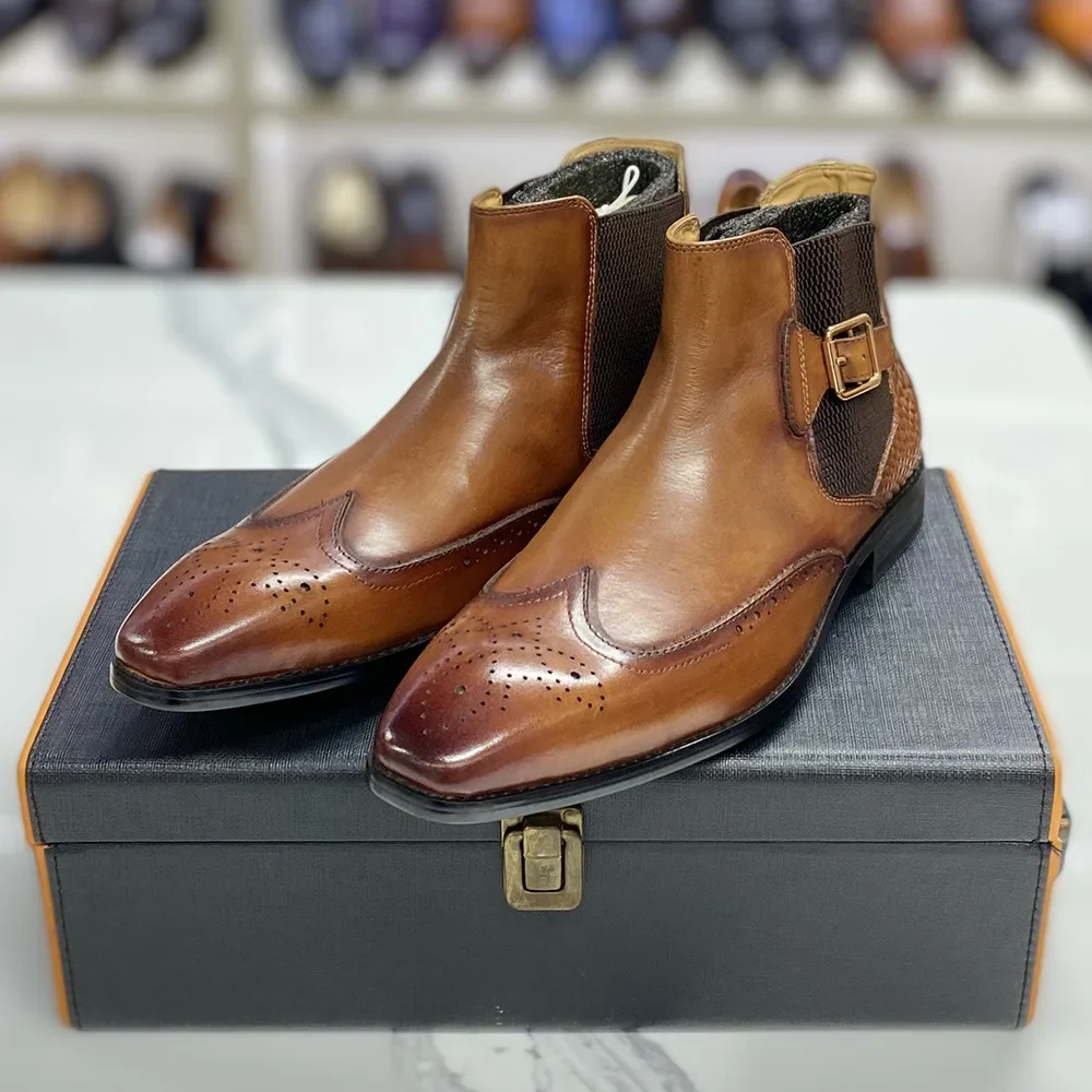 Men Formal Wear With Boots - 男性用の本物の牛革のブーツ,バックル付きの滑り止めストラップ,翼の先端,クラシックなドレスブーツ,手作りの基本的な靴,豪華なデザイン