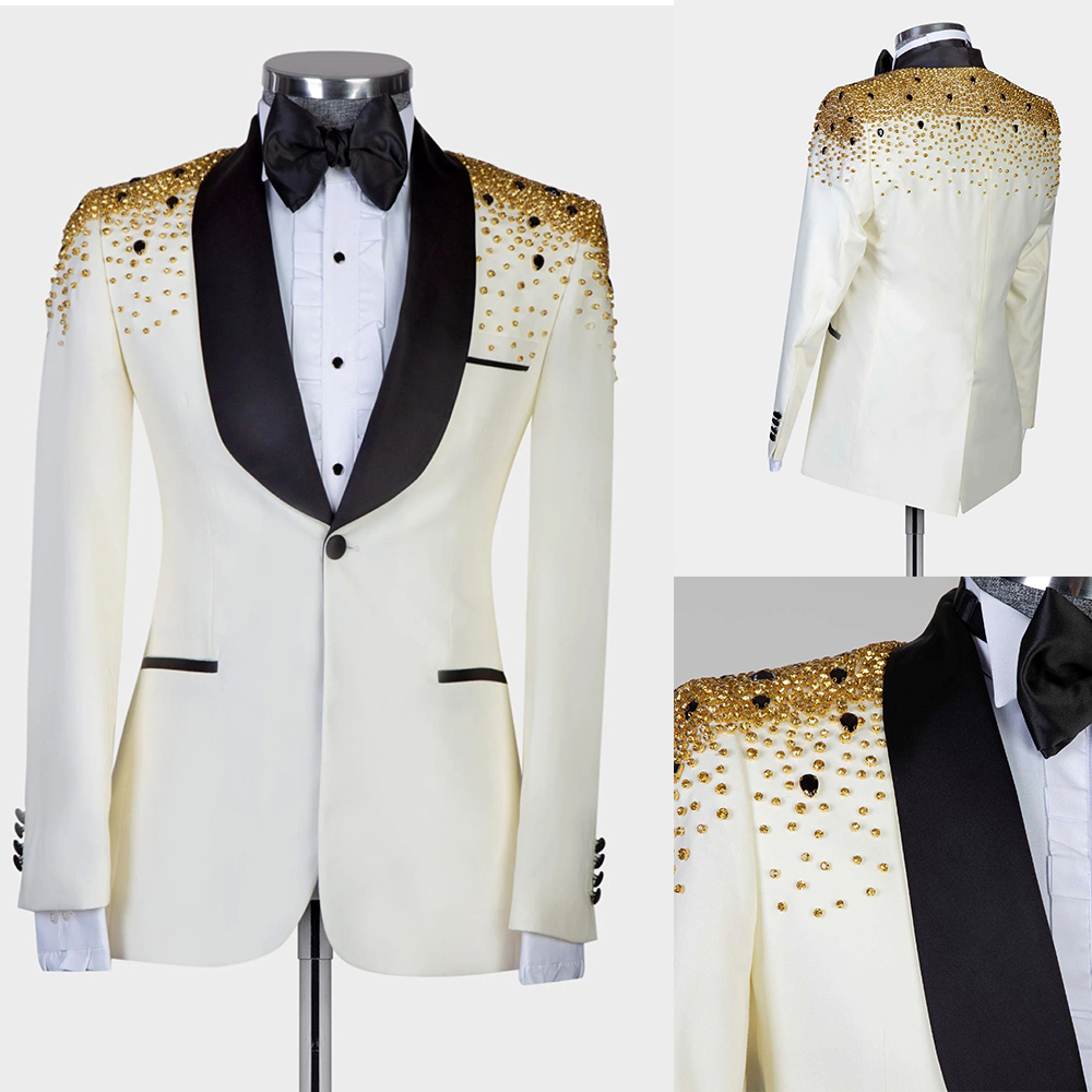 Men Formal Wear Modern - 男性用高級クリスタルビーズスーツ メンズベディングショールラペル プロムブレザー フォーマルパーティー グルームウェディングタキシード 2ピースジャケットパンツ