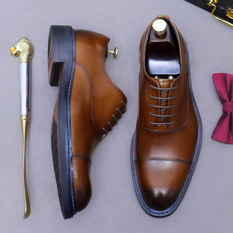 Formal Men Daily Wear Footwear - コニャック カップトゥ オックスフォードシューズ 本革 レースアップシューズ ブルー